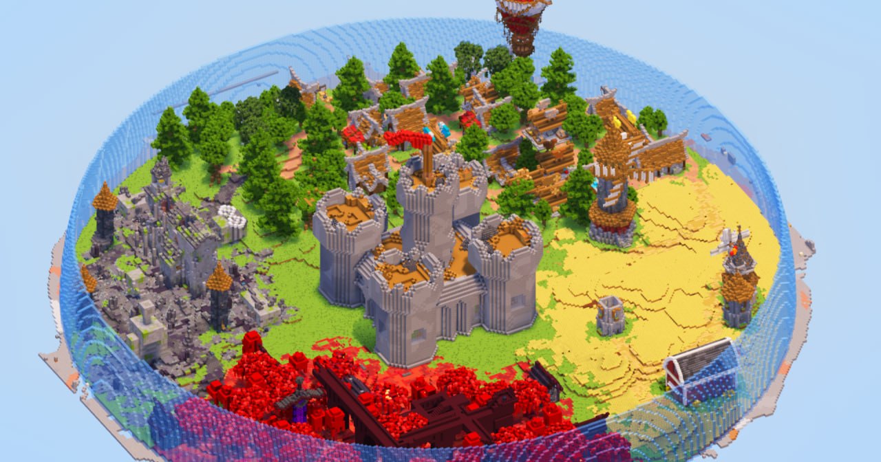 Four Biomes City Fully Built 250x250 Blocks Map, Nether, Wheat Field, Medieval Village, Ruined and Dark Biome with statues and a Church, Big Medieval Castle