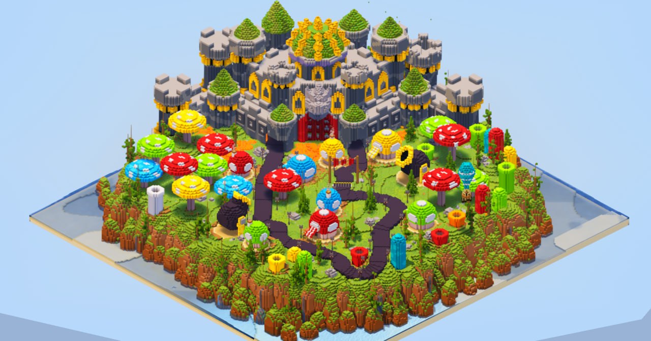 Mario Kart Bowser 250x250 Blocks Fully Built Map, Mario Kart road, Many Houses, Many Mario's World Mushrooms, Pipes, Towers, Bowser Castle