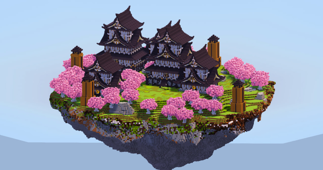 Japanese Floating Island with Black and White Castles