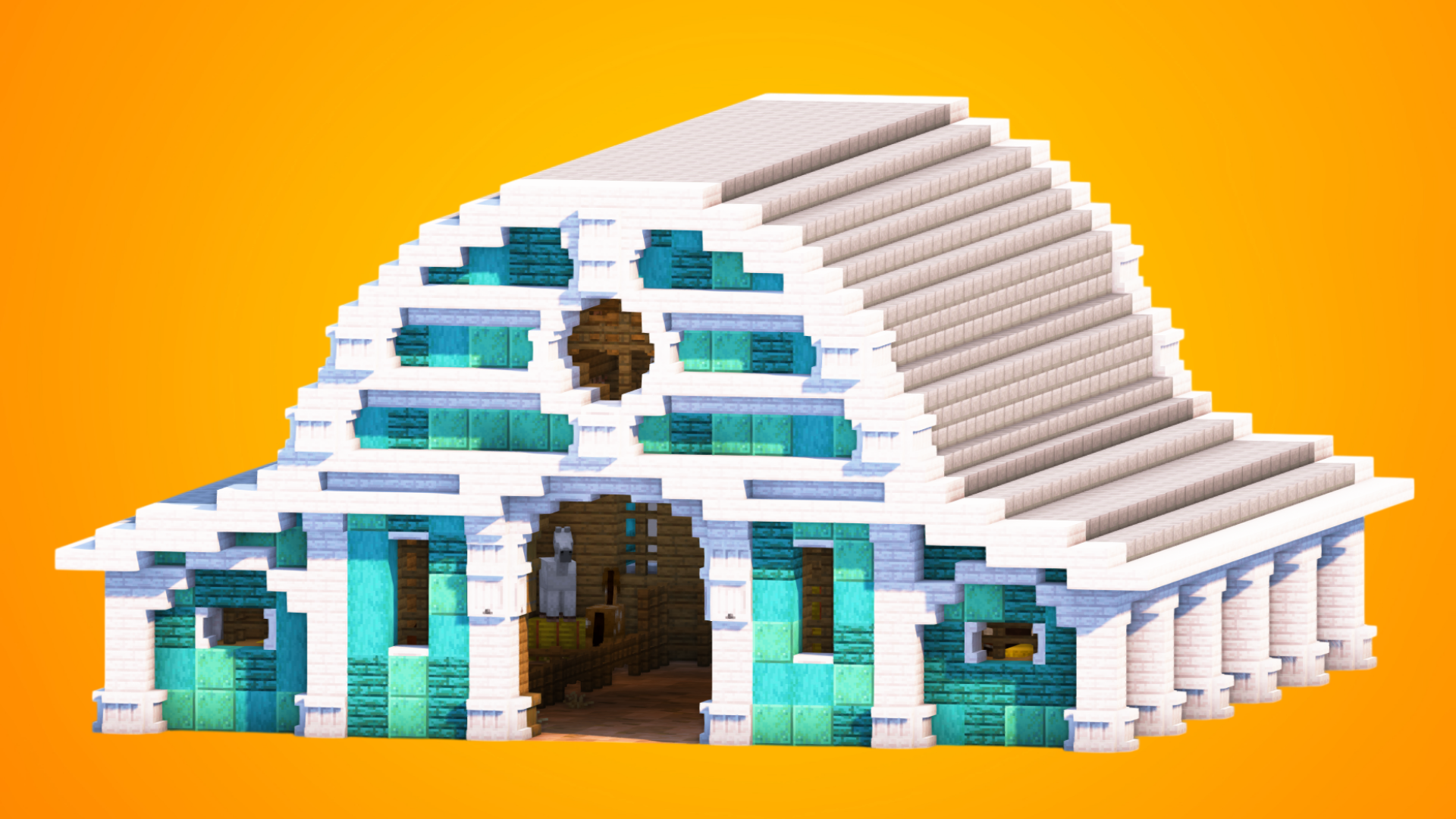 Grand White & Cyan Copper Barn | Fully Furnished Interior — Minecraft Build by RaekonBuilds