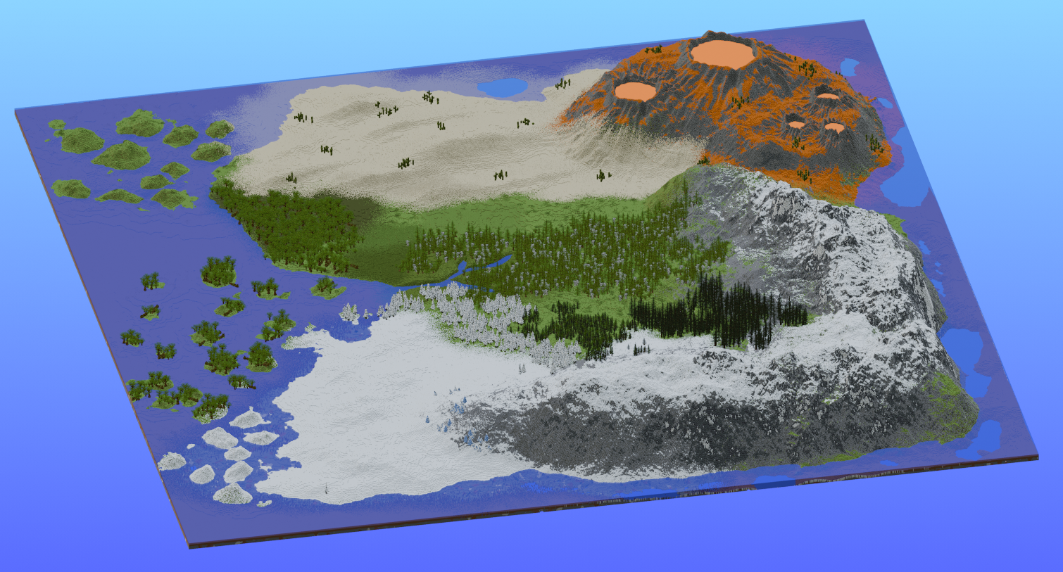 Survival Multibiome Continent Custom Map 2000x2000 Blocks Badlands Volcano, Desert, Mangrove Swamp, Taiga, Snowy Taiga, Jagged Peaks, Frozen Peaks, Jungle